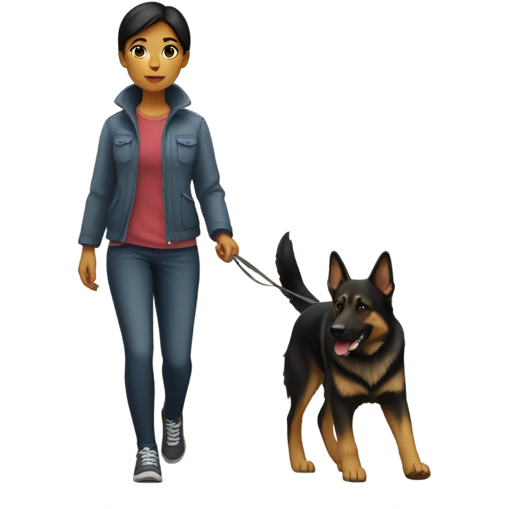 Girl with short dark hair walking a German shepherd emoji