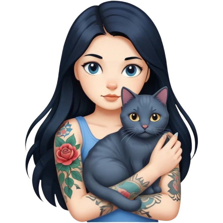 A girl with long black hair, fair skin, and a tattoo on her left arm, holding a British Blue cat. emoji