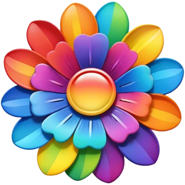 A round psychedelic colored button with a large rainbow colored flower in the center emoji