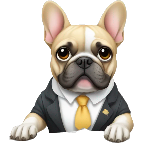 a french bulldog, sitting in a desk, working in a company emoji