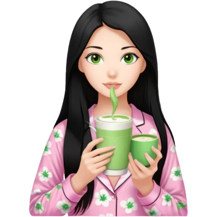 a 18 year old woman pin straight long black hair green eyes pink Victoria secret pjs with matcha emoji