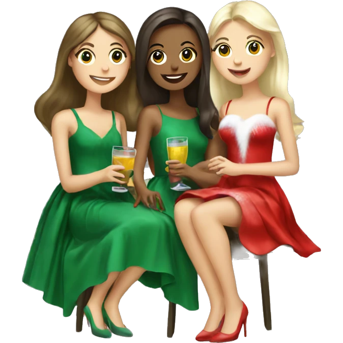 2 brunette girls and 1 blonde girl drinking together wearing Christmas tree dresses emoji