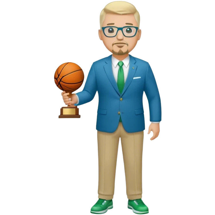 Full Body white fat male  wearing glasses with a goatee with light blonde gray very short hair basketball head Coach in blue and green suit holding trophy emoji
