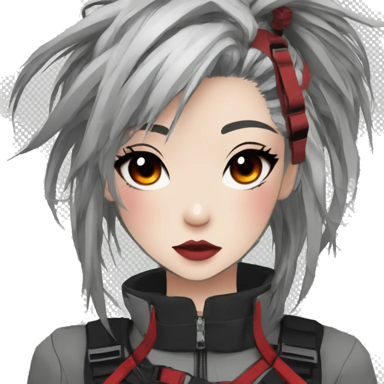 Gorgeous techwear anime style lady with blushing face aesthetic and pretty edgy black red white punk messy hair with collar and harness trending style emoji