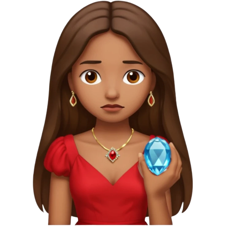 Brown girl with long hair with red dress sad face and an engagement ring  emoji