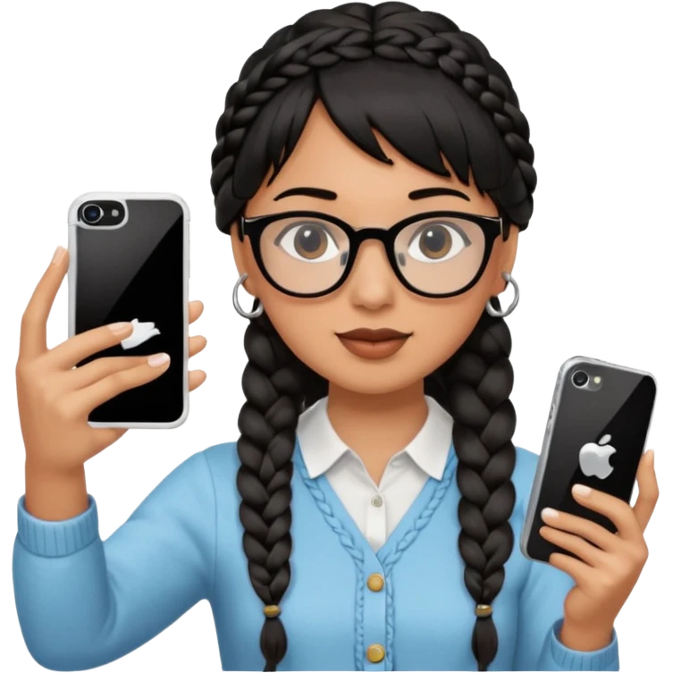 Black hair is braided to one side, braided to the left, and bangs, wearing horn-rimmed glasses, holding an iPhone white color and taking a mirror selfie so that Apple logo comes out emoji