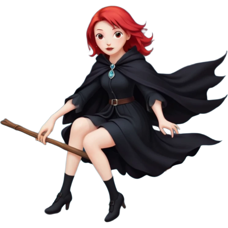 witch with red hair flying , on the background - full moon and black birds, должна сидеть на метле, ноги не касаются краев изображения emoji