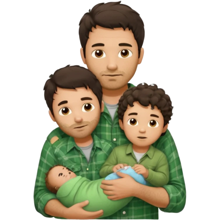 A father with messy medium-length dark hair and light stubble, wearing a green flannel shirt. He holds his child who has short curly brown hair and a cream-colored romper. Cozy warm lighting, authentic family moment. emoji