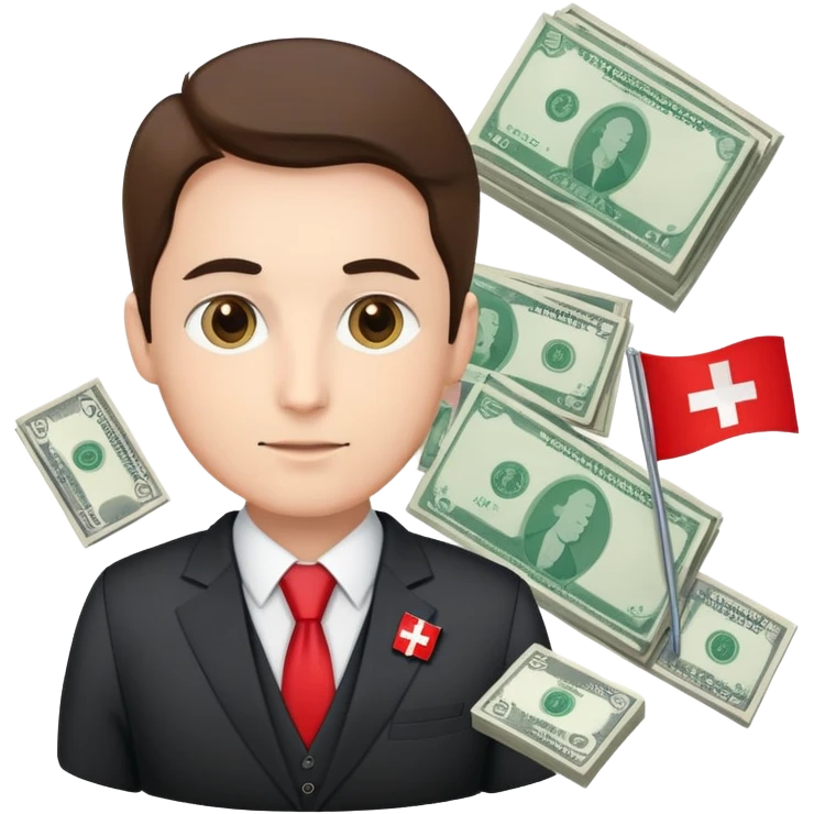 Swiss financial expert with business suit, Swiss flag pin, charts and money emoji