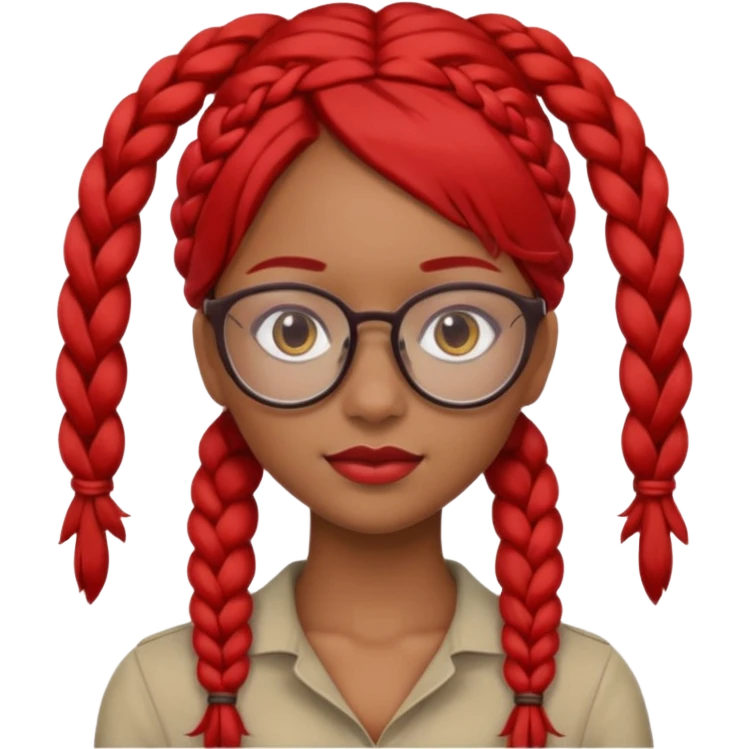 Dark Tan girl with two long red plaits and red rimmed  glasses head neck and shoulder shot only emoji