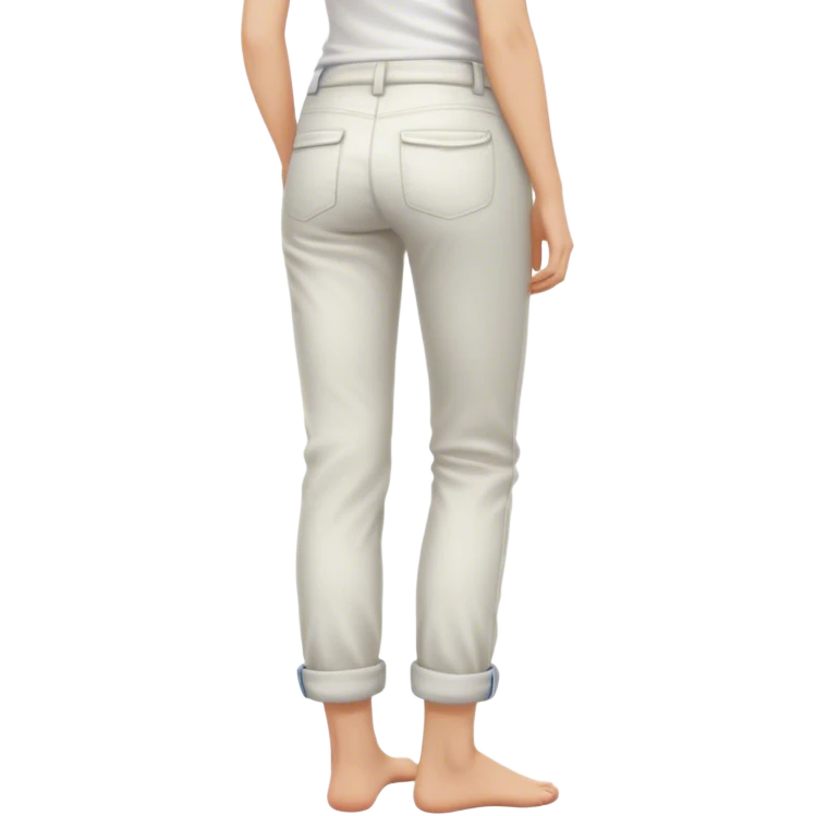 Barefoot long blonde haired girl in rolled up pants and white top right hand in back pocket from the back emoji