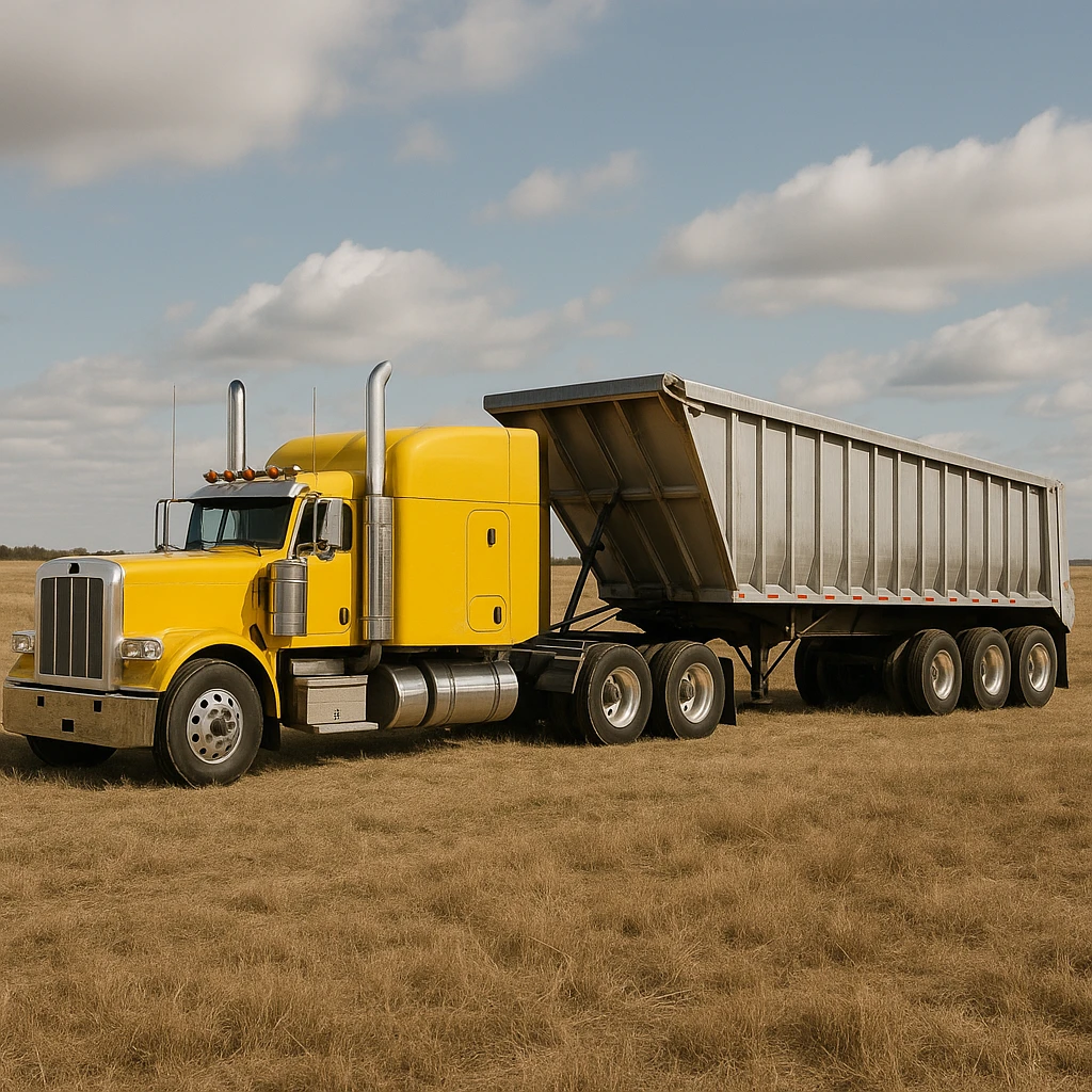 realistic yellow sleeper semi truck with a large end dump trailer parked in a field emoji