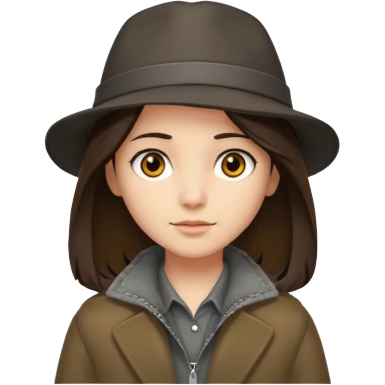 Hobo tomboy with shoulder-length center-parted dark brown hair. brown eyes, dark dull brown coat, grey shirt. Flat crown bolero hat emoji