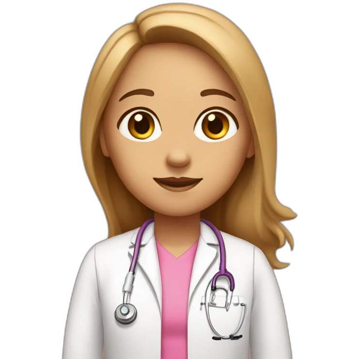 Tan girl, a speech therapist with light Brown long hair, Brown eye wearing a pink t-shirt and a medical coat emoji
