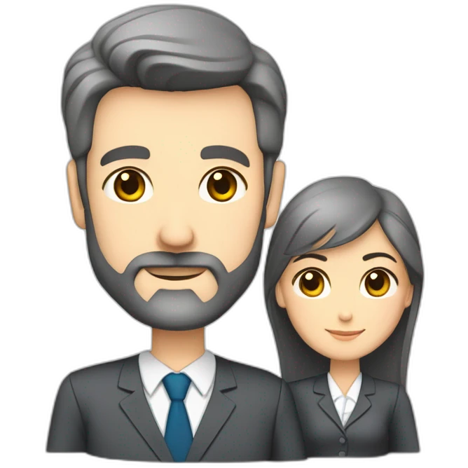 husband classy caucasian 55 some dark gray hair trimmed beard wearing business suit holding bible, with wife asian age 55 dark hair nurse uniform, no children emoji