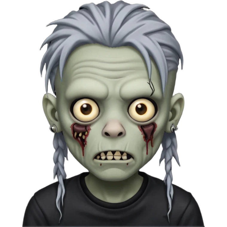 Grey pale skinned zombie boy with wrinkled skin and black dreadlocks. Nose and ear piercings. Emo. emoji