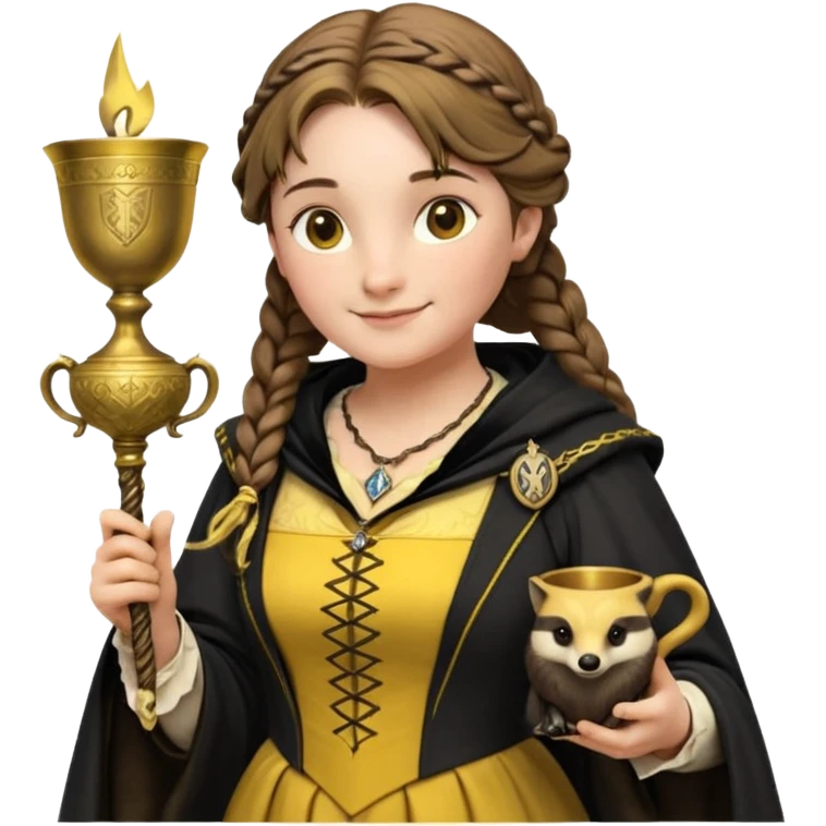 Helga Hufflepuff,the Hogwarts founder of Hufflepuff,brown-haired,2braids,yellow-black medieval dress with black cloak decorated with gold braiding,flickering magic wand and tiny two-handled shiny gold cup engraved with the badger silhouette,very kind smile,curvy busty sweet emoji