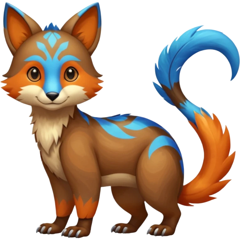 Colorful brown with blue and orange tropical exotic shiny beautiful fantasy-Vernid-Cacomistle-Oncilla-animal-Fakémon-hybrid-fursona (full body) emoji