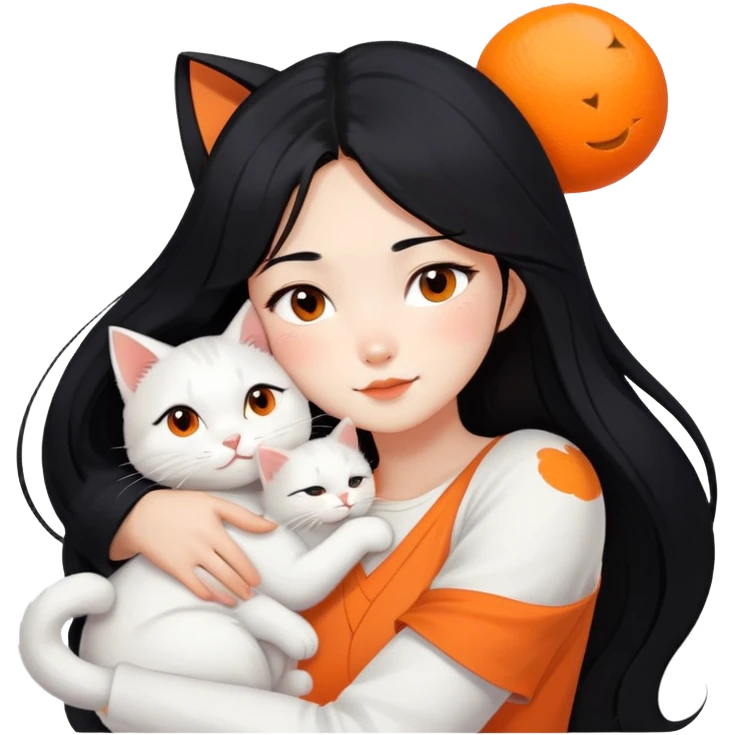 East Asian girl with long flowing black hair hugging a predominantly white cat with orange patches, sweet and gentle, cute facial expressions emoji