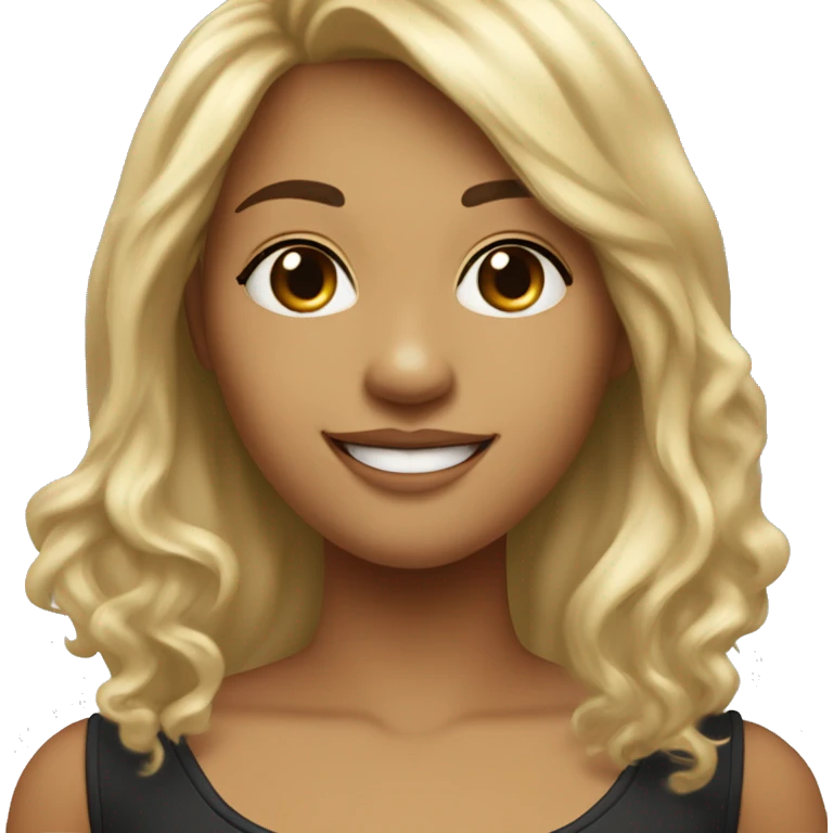 A woman that is smiling and has heart eyes. Her front teeth have a large gap in between it. Her hair is long and wavy with rectangle bangs. Her hair is asymmetrical half blonde on one side half black on the other.  emoji