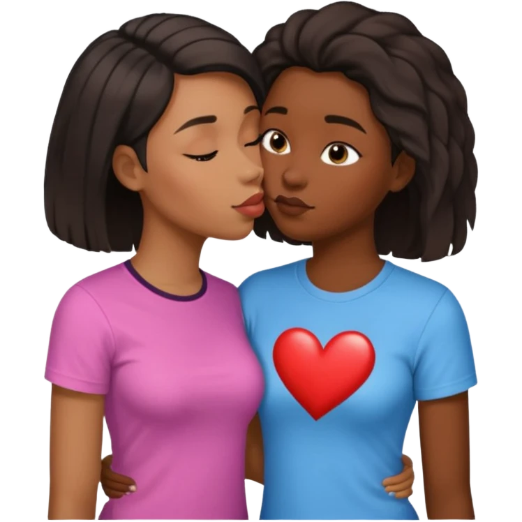 Black lesbian couple with one dark skin masculine with short haircut with a t shirt and one feminine with long hair in a blouse kissing emoji