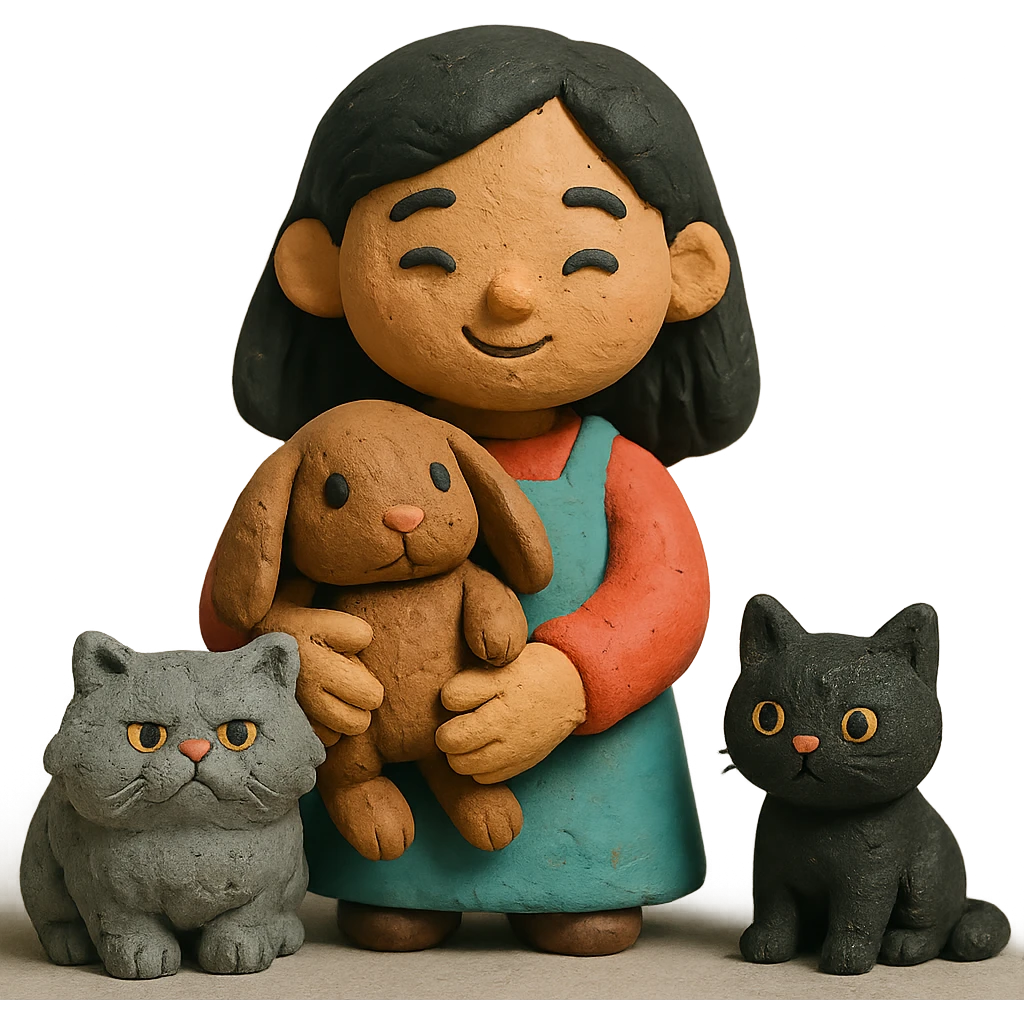brunette chinita girl holding a brown holland lop rabbit, gray persian cat, and black kitten in claymation style emoji