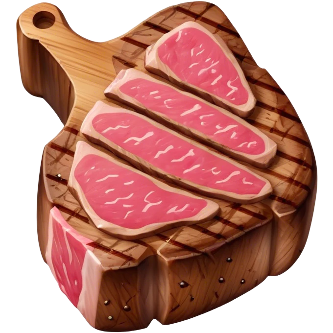 Cinematic thick-cut steak, perfectly seared with grill marks, a juicy pink center, rich and savory, warm glow, sizzling and mouthwatering, highly detailed and appetizing. emoji