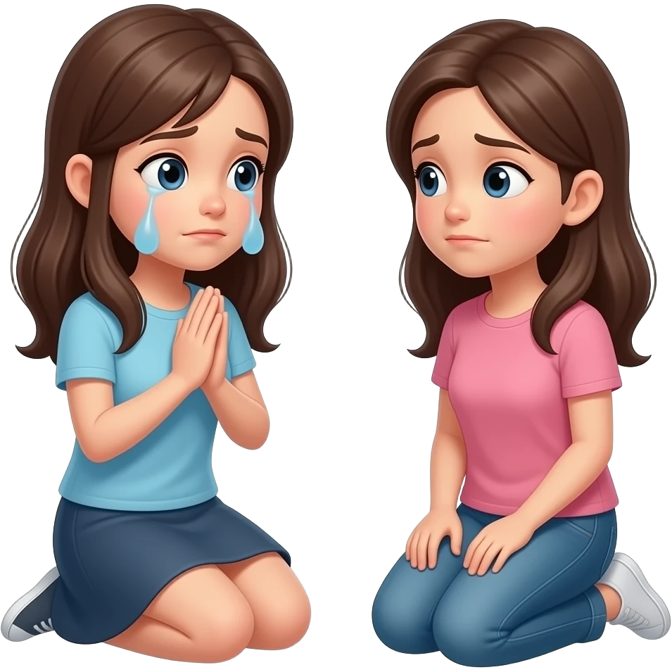 a girl teared eyes kneeling on knees saying sorry to another girl emoji