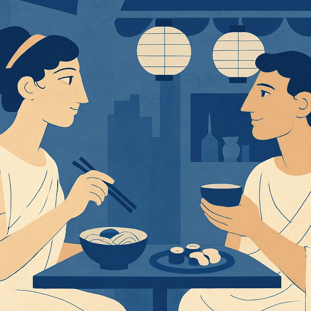 roman style illustration of couple dining in Japanese street cafe, avoid yellow orange color tint
 emoji