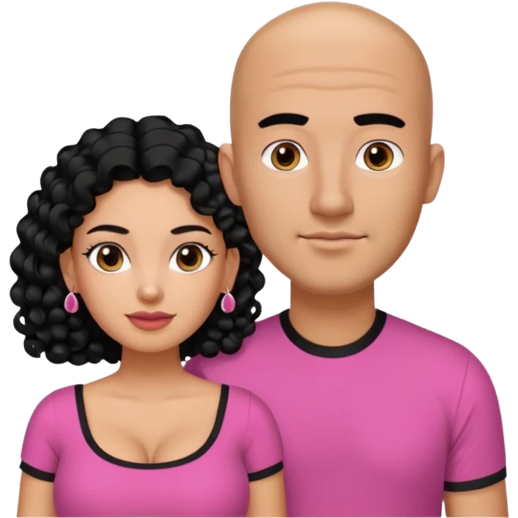 A picture if a couple. the man is a Mexican man with tanned skin, black hair, a bald hair cut, short boxed beard, and wearing a black shirt. the woman is mixed with black and white, with curly long hair, stud earrings,  wearing a pink shirt and with big boobs emoji