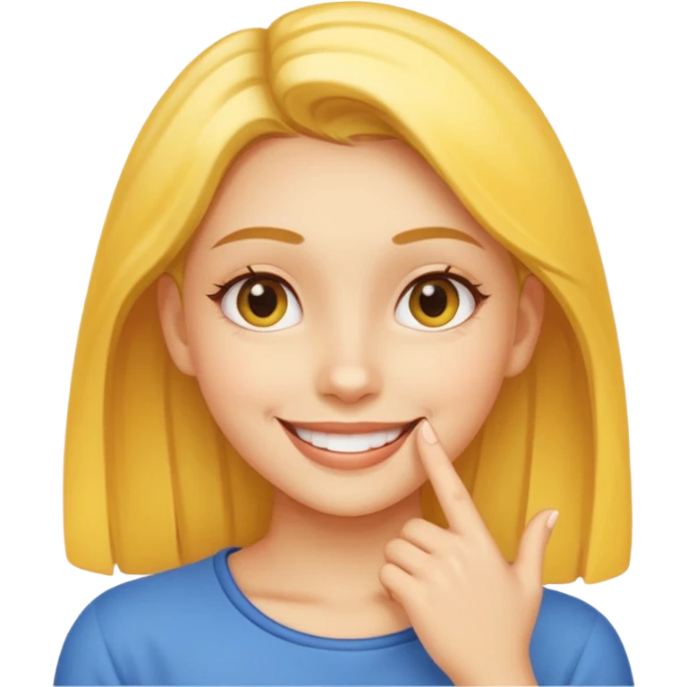 yellow smiling face girl with one hand flat under chin emoji