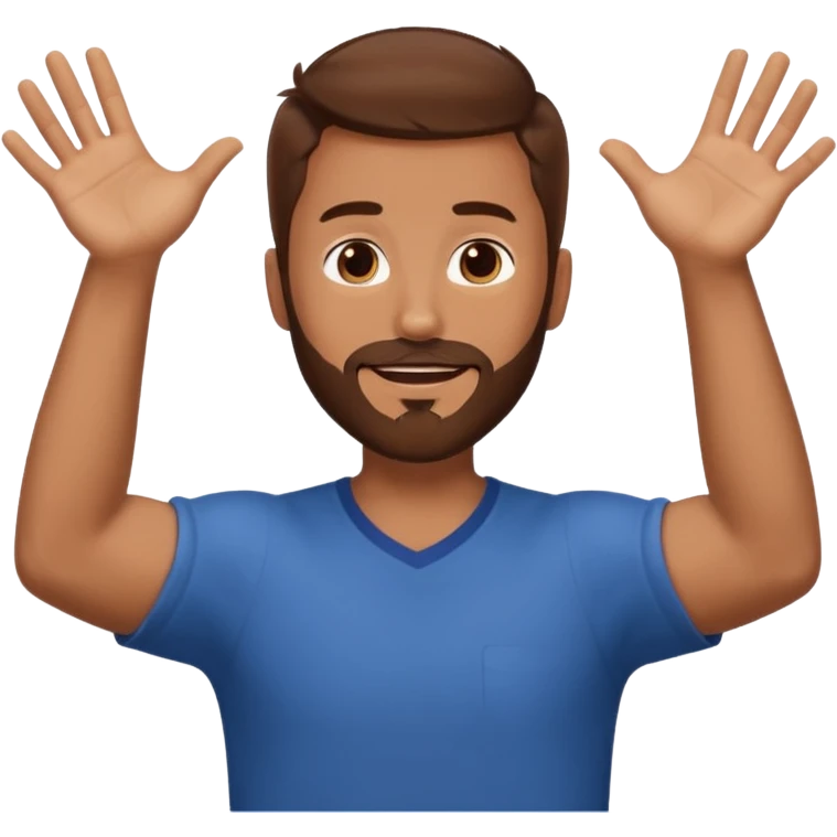A man with brown hair and beard with his arms out horizontally at his sides waiting for a hug emoji