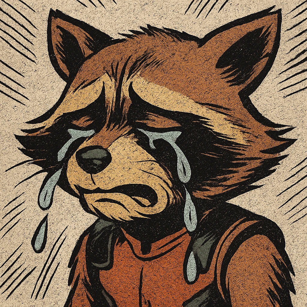 Rocket Raccoon in old school comic book style, crying, sad expression, tears streaming down emoji