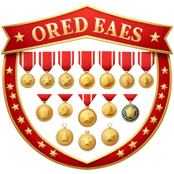 Icon for Collecting Orders, Medals & Badges: a variety of vintage orders, medals and badges, displayed neatly on a big red pennant. The icon should reflect the honor and historical significance of these collectible items. Transparent background. emoji