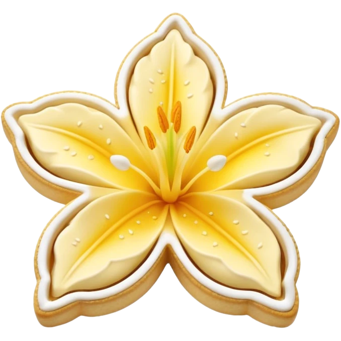 Realistic shortbread cookie in the shape of a lily flower with pastel yellow color jelly middle filling and sprinkled powder sugar on top. emoji