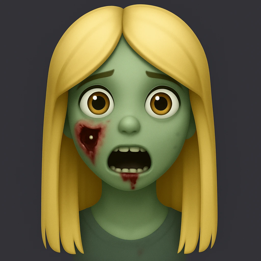 Create a girl zombie with long blonde hair in the style of apple emojis, emphasizing the long blonde hair and zombie characteristics. emoji