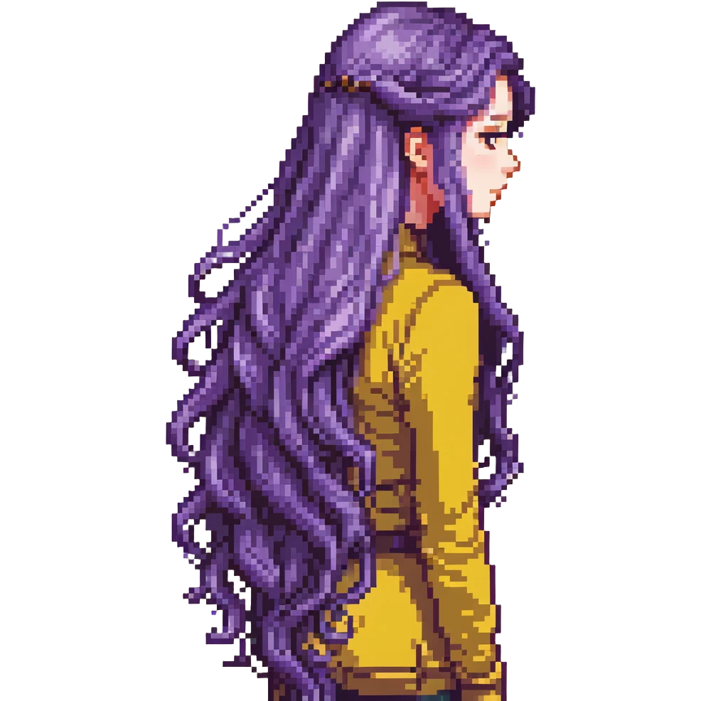 Girl with long purple hair that flows down her back, pixel art style emoji