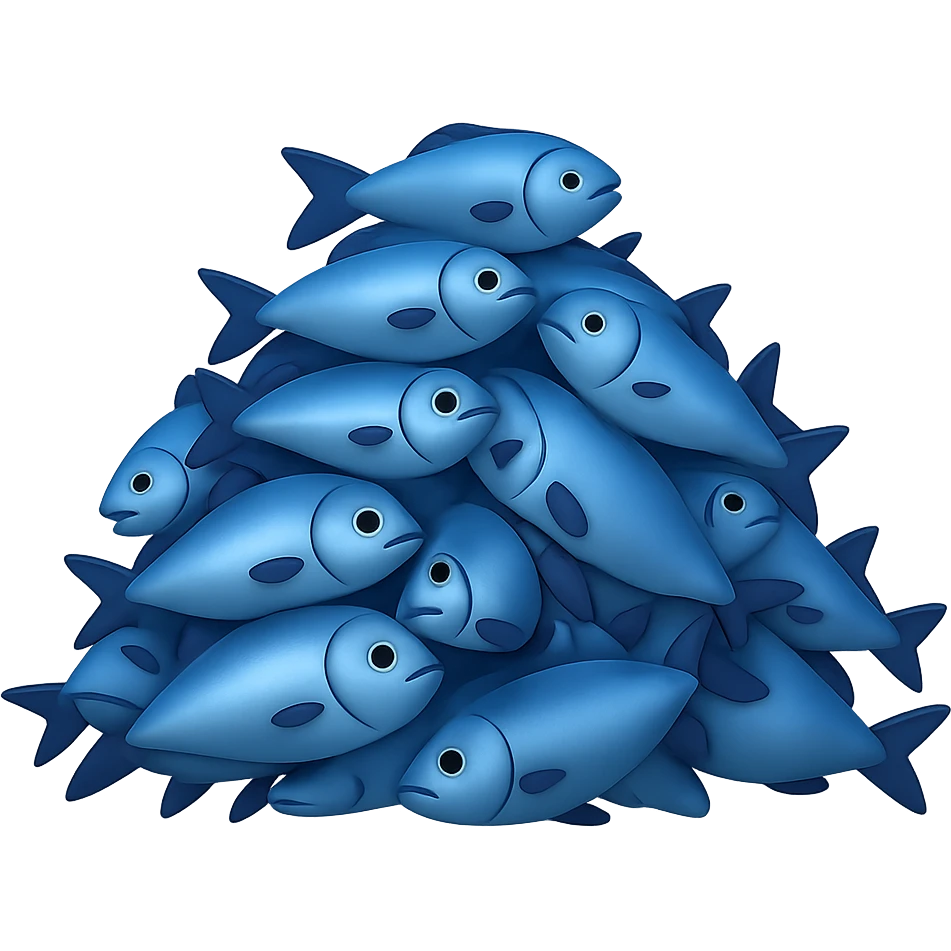 Create a large, loosely pyramid-shaped pile of blue fish in the style of iPhone Apple emojis, blending between 2D and 3D appearance, with a transparent background. emoji