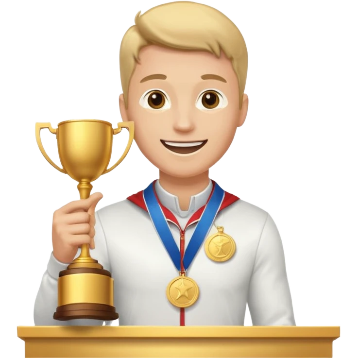 winner ceremony with one guy standing in a winner's podium and having a medal around his neck and holding a trophy emoji