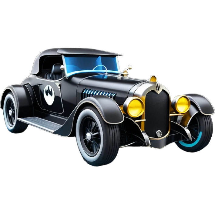 Mad max luxurious survival apocalypse ghostly sporty antique electric Darth Vader’s Batman-armored 1926 black graphite colored enclosed twin seat town coupe Batmobile with horizontal holographic 3d stars painted on the body sides and neon under glow  emoji