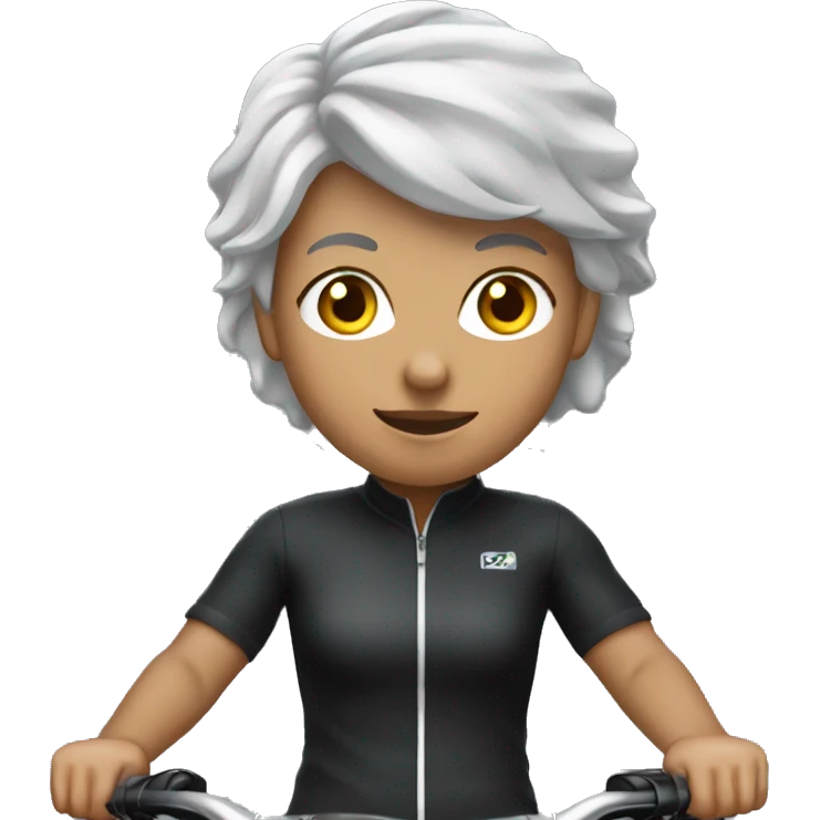 Mountain biking black bike, white cyclist wearing black clothes woman with grey hair emoji