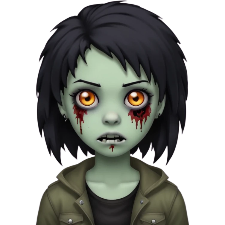 girl, zombie, black coily hair, medium long, emo, shaggy, dark, spooky, piercing on eyebrow, creepy blank expression emoji
