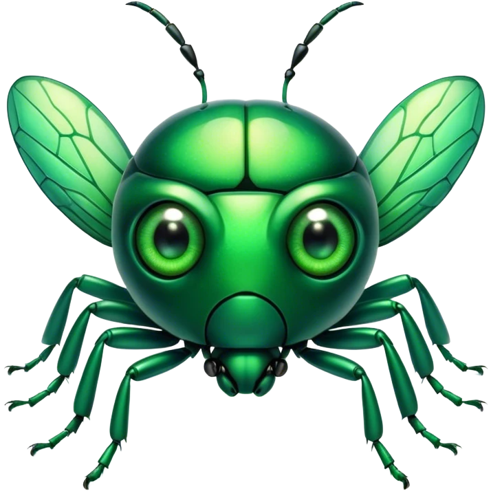 Cinematic Cute Green Bugdie Portrait Emoji, Head tilted playfully and inquisitively, featuring a glossy, vibrant emerald exoskeleton with intricate patterns, round, sparkling multifaceted eyes filled with curiosity, Simplified yet irresistibly adorable features, highly detailed, glowing with a warm, friendly glow, high shine, affectionate and lively, stylized with a touch of whimsy, bright and endearing, soft glowing outline, capturing the essence of a mischievous yet charming bug, so playful it feels like it could buzz out of the screen and into your arms! emoji