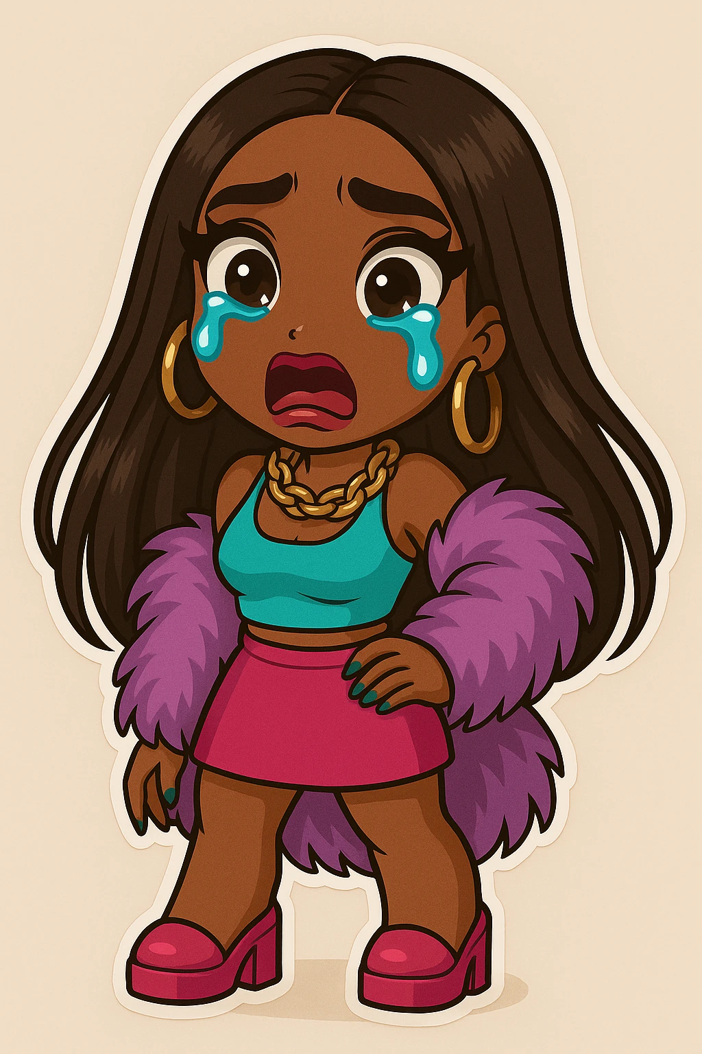 Change her expression to shocked, keep her as a 20-year-old anime Bratz style woman with dark skin, dark hair, glamorous evening wear, big expressive eyes, and glossy lips. emoji