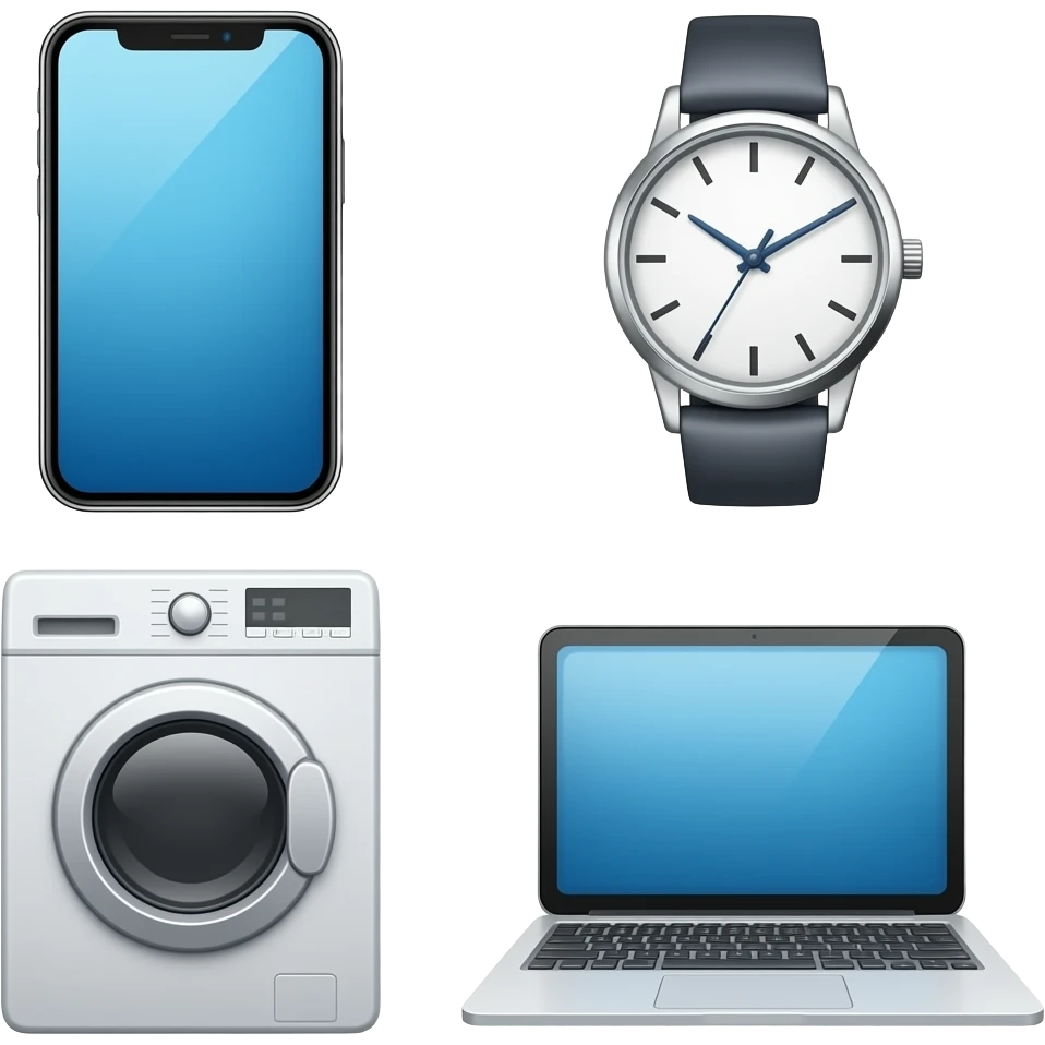 Collage of cellphone, washing machine, watch, laptop emoji