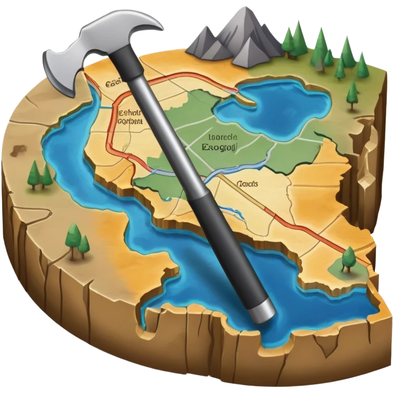 An icon featuring a crowbar and a geological map, and layers of Earth’s crust, symbolizing geology. The design includes mineral samples, fossils, and tectonic plates, representing the study of Earth’s structure and natural processes. Transparent background highlights geological exploration emoji