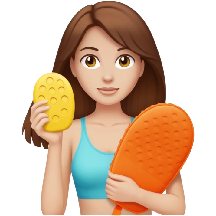 pale skintone woman with brown hair holding a tanning mitt emoji