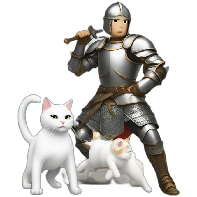Man wearing armor fighting a white cat emoji