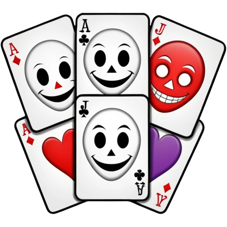 bunch of 3 poker cards, with crazy colorful human jolly jokers inside, inversed face, cuphead style emoji