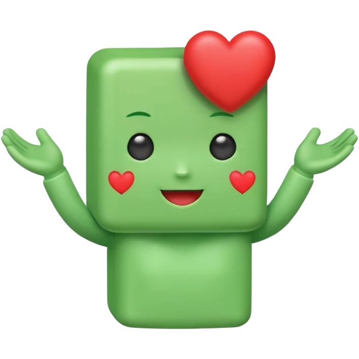 A cute green block-headed mascot with a happy face and blush, wearing “FGH” on its chest. It holds a shiny red heart in one hand. Chibi style, soft glow outline, cheerful and friendly. emoji